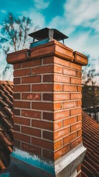 Close view of a capped brick chimney above a tile roof