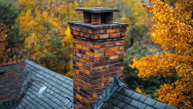 Brick chimney inspected from the exterior above a rooftop